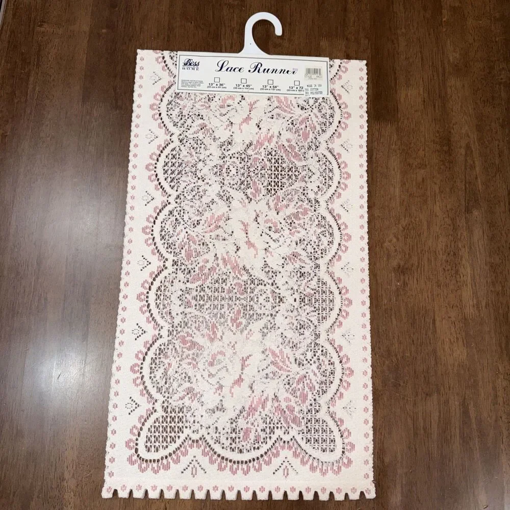 Bess Lace Table Runner Pink Floral Lace Cottagecore Farmhouse Decor 13x54 NEW